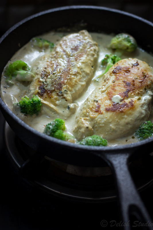 Final step of adding chicken in the sauce to make Creamy garlic chicken with broccoli