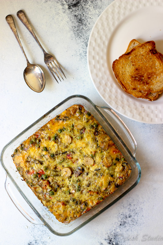 Mushroom Sausage Egg Bake is a super easy breakfast / brunch recipe. Also known as Egg casserole, this quick to make baked dish is made without any bread and is gluten free!
