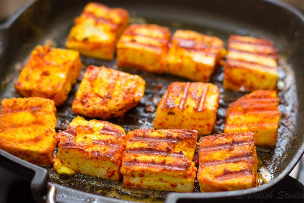 Grilled paneer pieces for making keto paneer makhani (low carb) recipe.